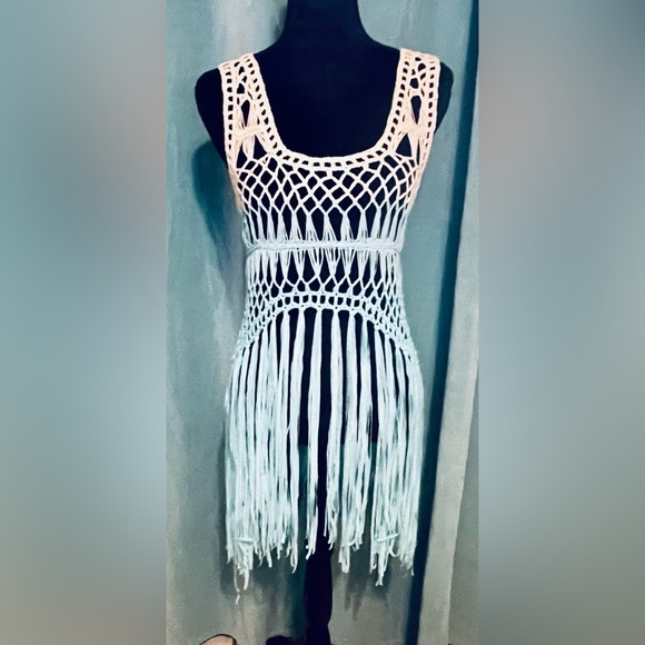 VENUS Dresses & Skirts - VENUS Macrame Top Size MED Fringe Teal Blue Dipped Top Swimsuit Cover Up